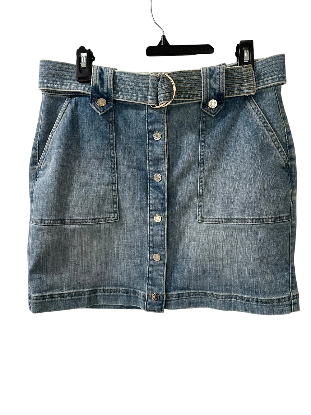 White House Black Market Light Blue Denim Button-Front Mini Skirt with Belt